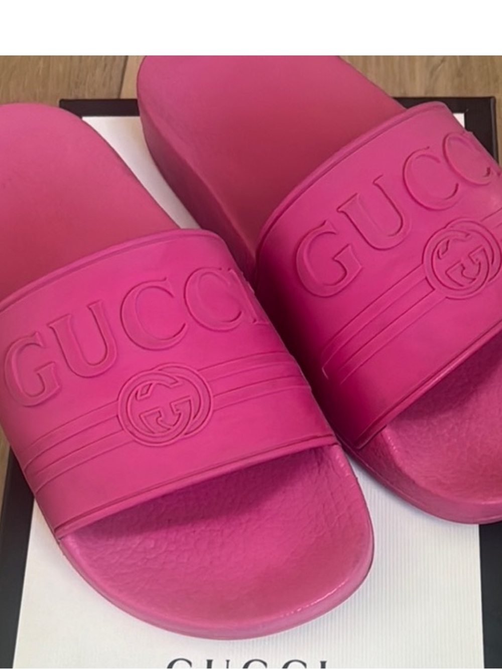 Gucci Women's Pink Embossed Logo Slide Sandals